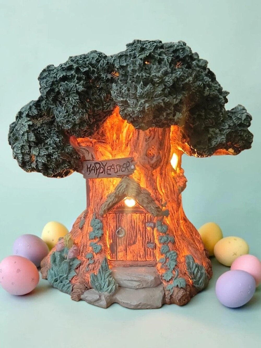 Vtg 1994 Easter Village Bunny Rabbit Family Treehouse W/Light Cord Bulb Fuse